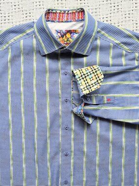 Robert Graham Shirt Men's XL Striped Geometric Contrast Flip Cuff and Collar